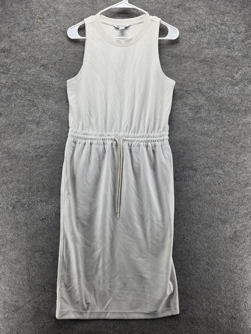 Athleta Dress Womens S White Tank Midi Crew Neck Drawstring Jersey Stretch Logo